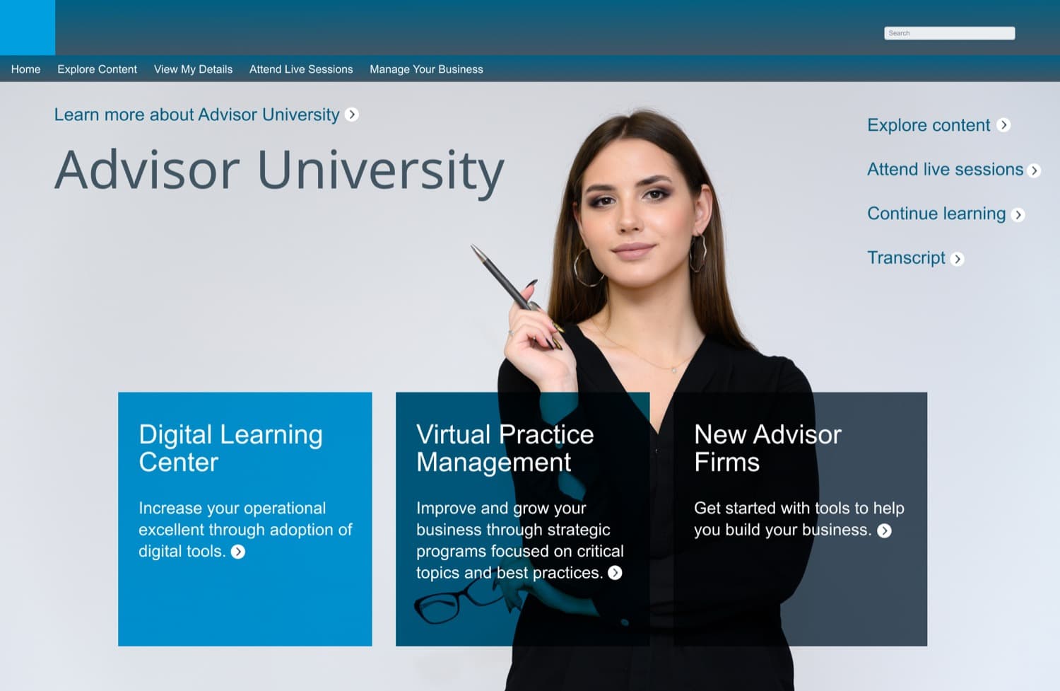 Advisor University home page — LMS UI